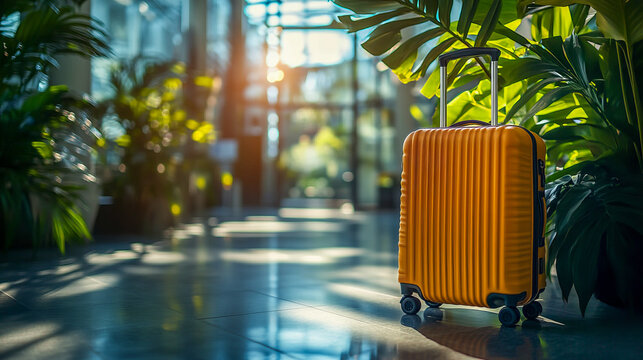 Bright yellow suitcase in sunlit modern airport terminal