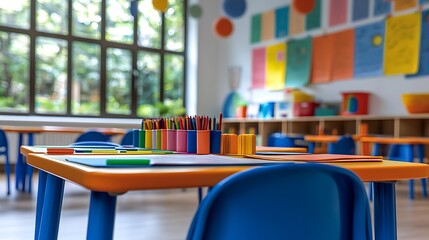 Fototapeta premium Colorful preschool classroom with crayons, paper, and small tables and chairs.