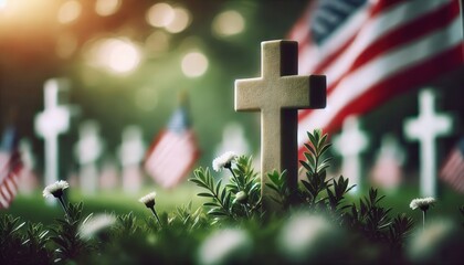 cross graveyard symbol for memorial day with defocused usa flag