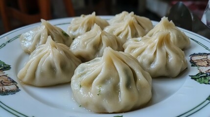 Georgian khinkali, eating, cutting minced meat chinkali, spicy dumplings also called dimsum, momo, jiaozi, manti, pierogi, wonton or khinkali on restaurant plate