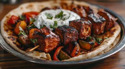 Traditional Turk Adana kebap on shashlik skewer with barbecue vegetable, flatbread and yogurt as close-up on a rustic metal tray 