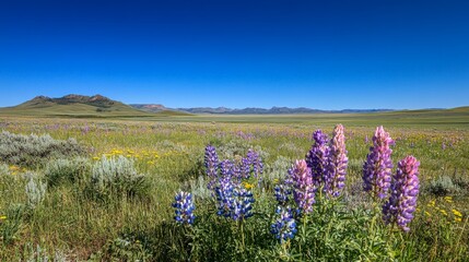 Obraz premium Colorful Wildflowers Bloom in Expansive Green Field Under Clear Sky