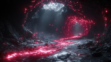 A surreal cave with glowing red streams and ethereal light beams.