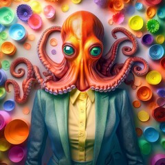 a human hybrid with an octopus head. Digitally manipulated portrait