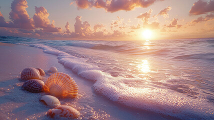 A captivating scene of a tranquil beach at sunrise, where gentle waves lap against the shore, and the sky is painted in soft pastels, with seashells scattered along the sand.