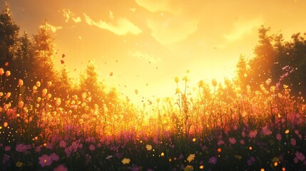 Fototapeta premium Enchanting Meadow at Sunset with Vibrant Flowers and Golden Light