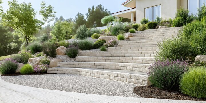 Residential backyard landscape features newly built retaining wall. Interlocking stone blocks create tiered retaining wall. Gravel backfill stabilizes sloping terrain. Landscaping design includes