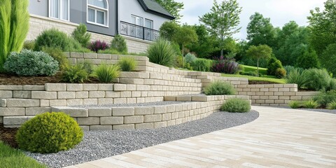 Residential backyard landscape features newly built retaining wall constructed of interlocking stone blocks. Gravel backfill carefully arranged behind wall. Landscaping design includes various