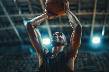 Basketball player prepares for a shot in an indoor court during evening training session at a sports facility
