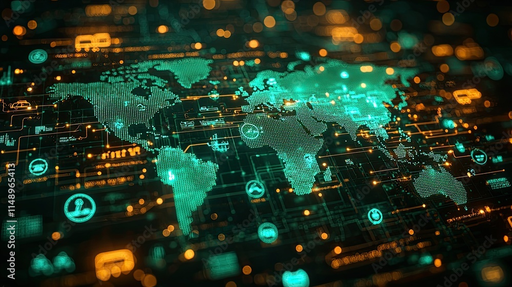 Poster a digital representation of a world map with interconnected data and technology symbols.