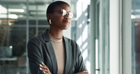Office, thinking or black woman with ideas, choice or creative problem solving decision. Solution,...