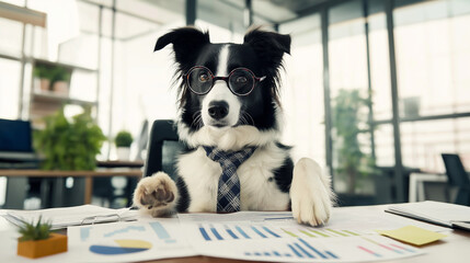 A Border Collie with black and white fur, plaid tie, and glasses, pointing at charts in a modern office with natural daylight and cinematic HD detail.