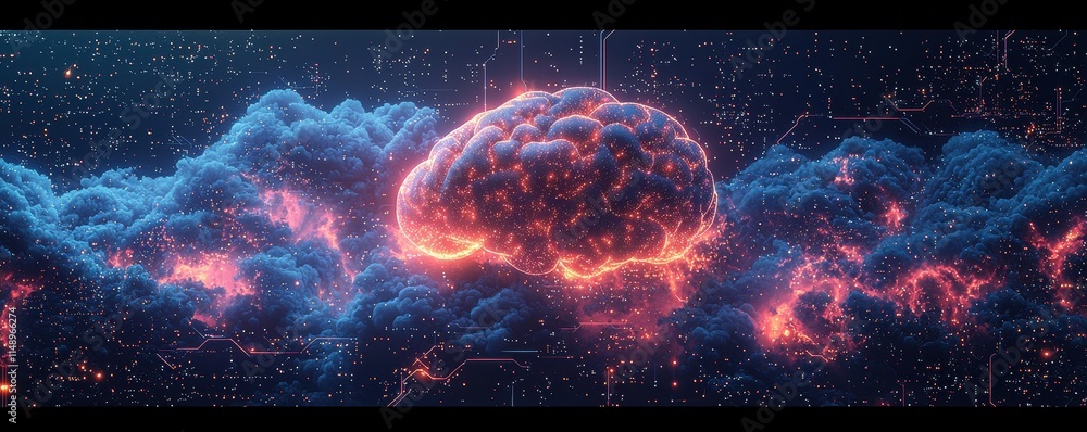 Poster futuristic brain visualization highlighting artificial intelligence and neural networks concept
