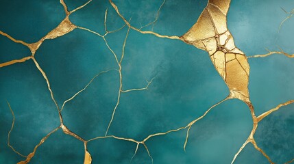 Abstract teal, gold textured surface with intricate cracks filled with shiny gold. Elegant design. Luxury background. Intricate pattern. Stylish, modern. Ideal for wall decor. Unique geometric