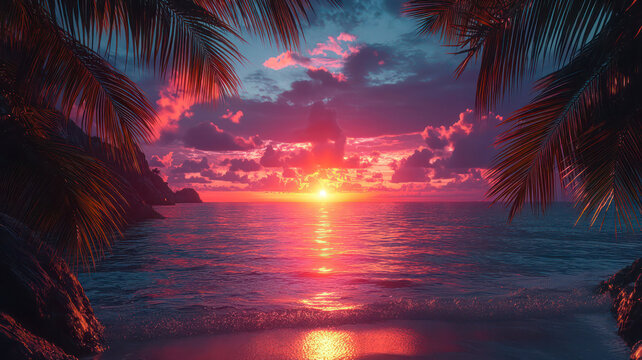 A captivating scene of a vibrant sunset over a calm ocean, with silhouettes of palm trees framing the view and waves gently lapping at the shore.