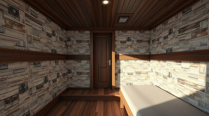 Small, narrow room with wood flooring, a wood door, and stone-patterned walls. A simple bed or bench is positioned against one wall.  The lighting is soft, creating subtle shadows.