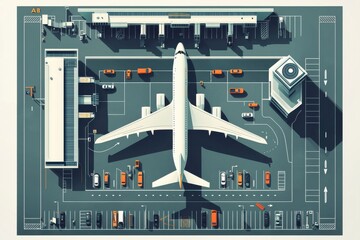 Top-down illustrated view of airplane parked at an airport terminal