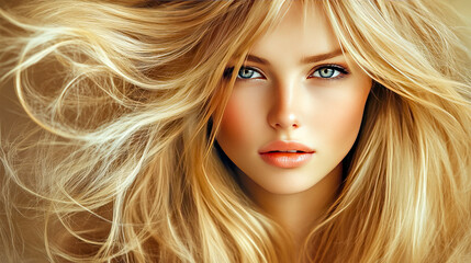 Fototapeta premium Blonde caucasian female with flowing hair and captivating eyes