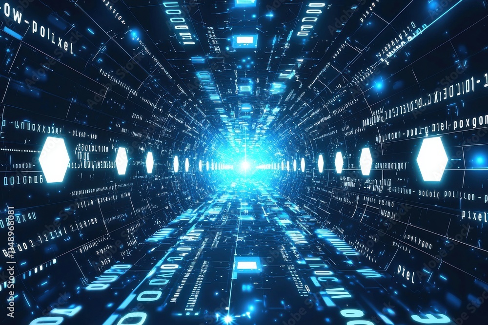 Poster digital background featuring glowing blue hexagons and binary data