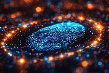 Digital fingerprint with glowing technology effects and security holographic details