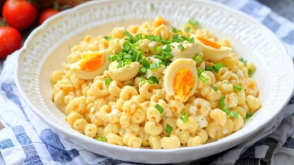 Pasta salad with quail egg and spices.