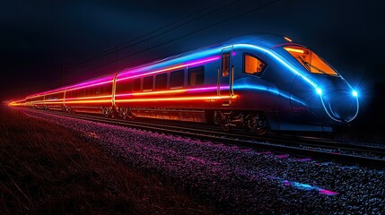 Naklejka premium A futuristic train illuminated with vibrant neon lights on a dark railway at night.
