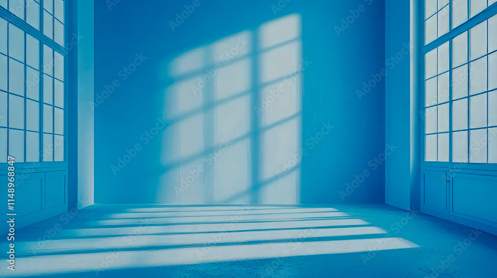 Aufkleber sunlight streaming into an empty blue room with large windows and patterned shadows
