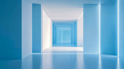 Futuristic blue hallway with symmetrical neon lighting and reflective surfaces