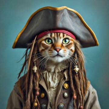 A playful cat dressed as a pirate in a Jack Sparrow costume captures the spirit of adventure and whimsy in a delightful pet portrait.