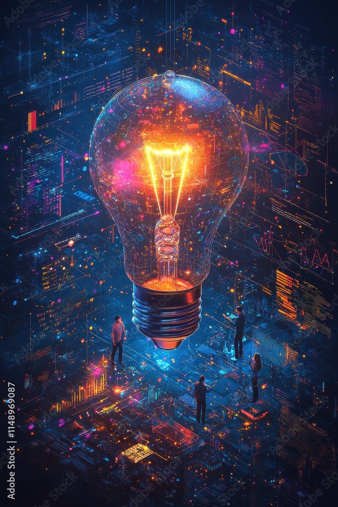 Poster illuminated teamwork concept with a glowing light bulb and digital network
