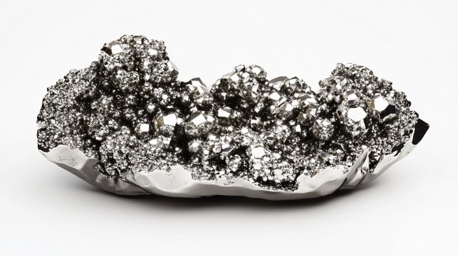 Realistic display of a piece of silver ore with a shiny, reflective surface and distinctive mineral formations on a white background
