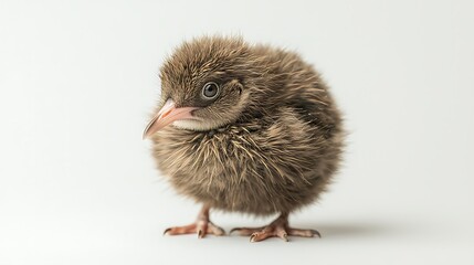 Adorable fluffy brown baby bird chick standing on white background. (1)