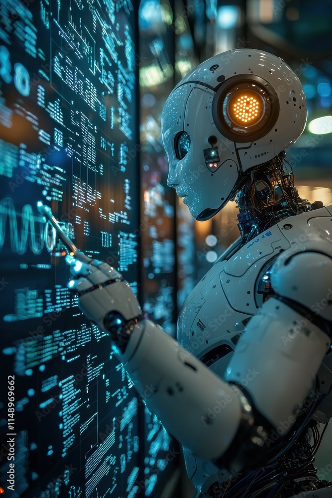 Poster advanced humanoid robot interacting with digital data holographic interface