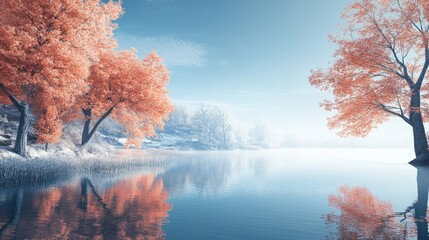 Naklejka premium Tranquil Autumn Scene with Vibrant Orange Trees and Serene Lake