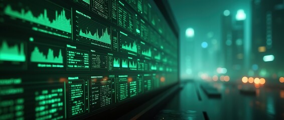 Fototapeta premium Graphs and data analysis against a futuristic city skyline backdrop.