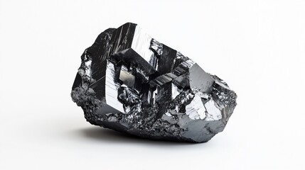 Realistic display of a block of galena ore with a metallic gray surface and crystalline structure on a white background