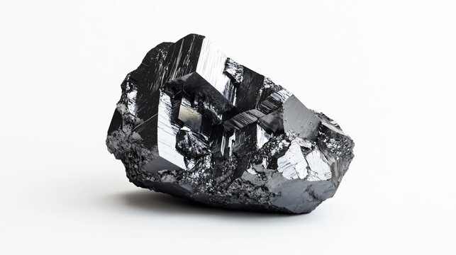 Realistic display of a block of galena ore with a metallic gray surface and crystalline structure on a white background