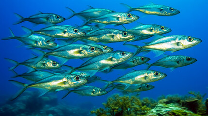 Fototapeta premium Vibrant school of fish swimming in clear blue ocean waters