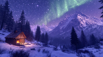 Cozy cabin in snowy mountain landscape under northern lights