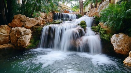Obraz premium Tranquil Waterfall with Lush Greenery and Rocky Surroundings