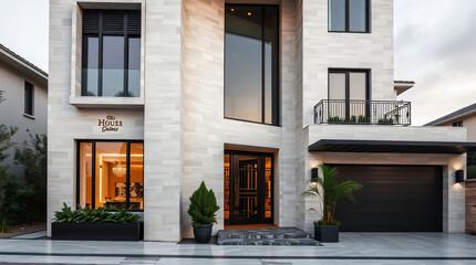 Fototapeta premium Modern three-story house with light beige stone facade, large windows, dark-framed doors, and a dark gray garage door. Landscaping includes small potted evergreen shrubs and a palm tree.