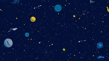 Colorful planets and stars in a night sky with cosmic elements