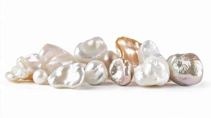 Realistic display of a cluster of baroque pearls with irregular shapes and varied colors, including white and cream