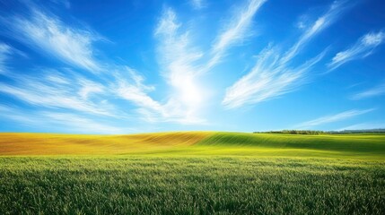 Fototapeta premium Sunny day over rolling green and gold fields under a vibrant blue sky with fluffy white clouds.