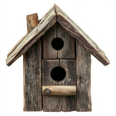 Rustic Birdhouse with Natural Wood Finish on a White Background