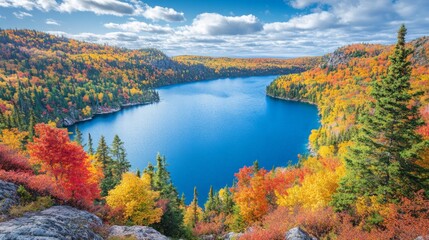 Vibrant Autumn Landscape Overlooking Serene Blue Lake in Forest