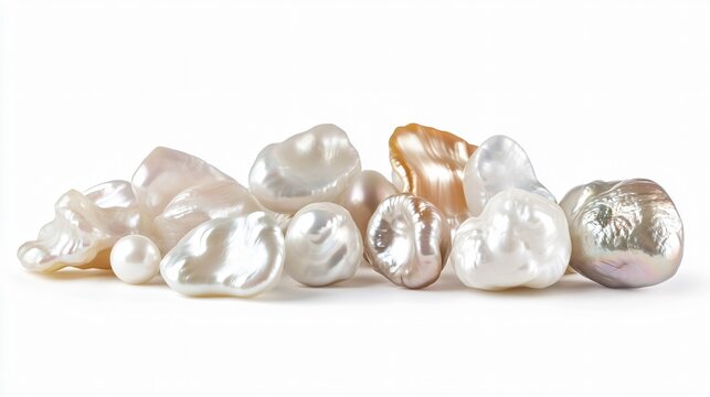 Realistic display of a cluster of baroque pearls with irregular shapes and varied colors, including white and cream
