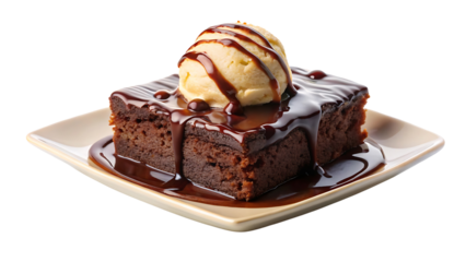 Chocolate brownie with chocolate syrup and vanilla ice-cream scoop in white tray isolated on transparent background