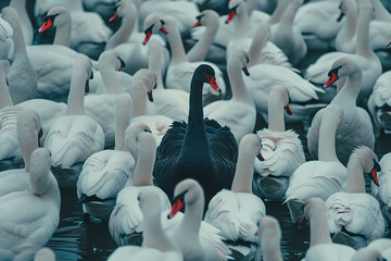 Fototapeta premium Beautiful black swan surrounded by white swans on the lake