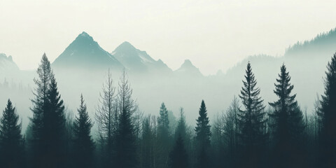 Fototapeta premium Misty Mountain Landscape featuring a beautiful Evergreen Forest filled with wonder and peace